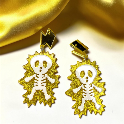Electrify Your Look: Gold Electrocuted Skeleton Dangle Earrings for a Spook-tacular Style!