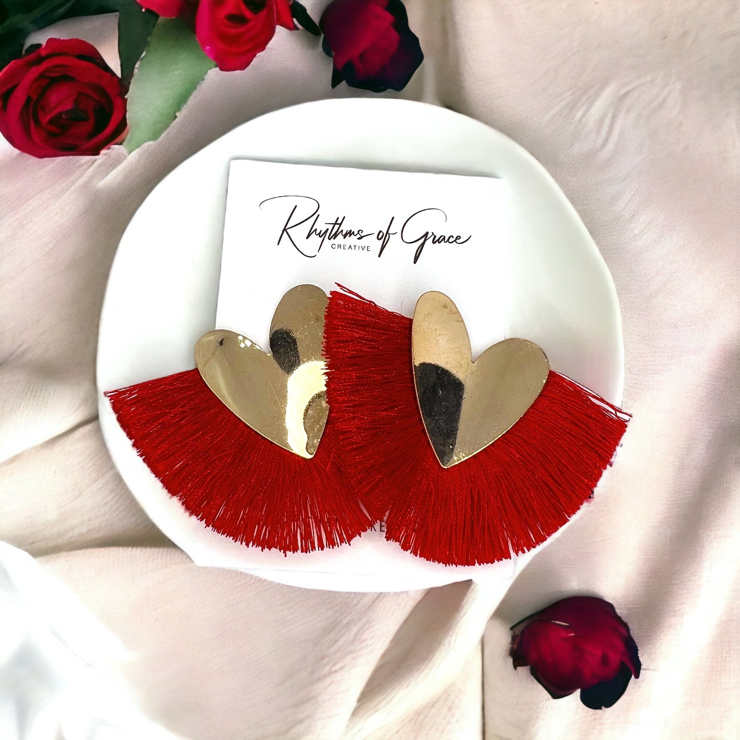 Heart on Fire – Gold & Red Fringe Statement Earrings - Rhythms of Grace Creative