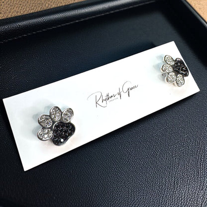 Sparkle & Paws! Silver and Black Rhinestone Paw Print Stud Earrings