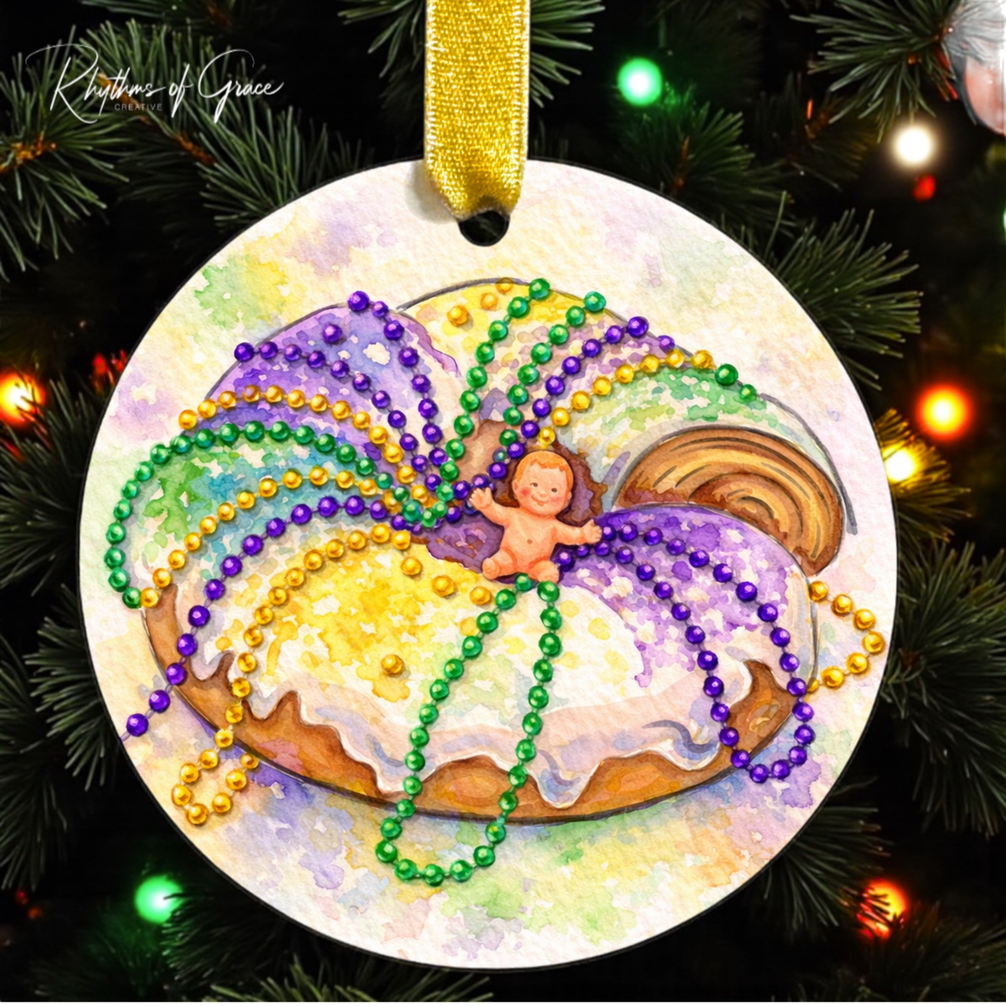 Watercolor Mardi Gras King Cake Ornament – A Sweet Slice of Carnival Season