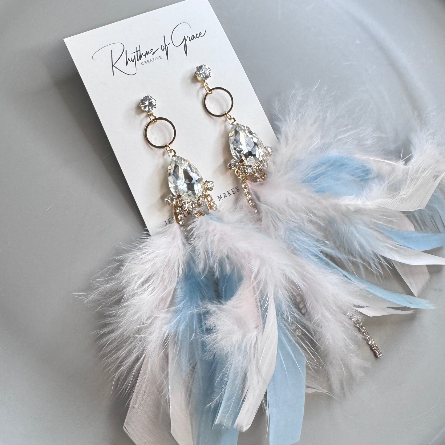 Dreamy Pink & Blue Feather Earrings – Rhinestone Dangles for Boho Queens