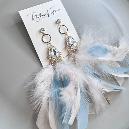 Dreamy Pink & Blue Feather Earrings – Rhinestone Dangles for Boho Queens