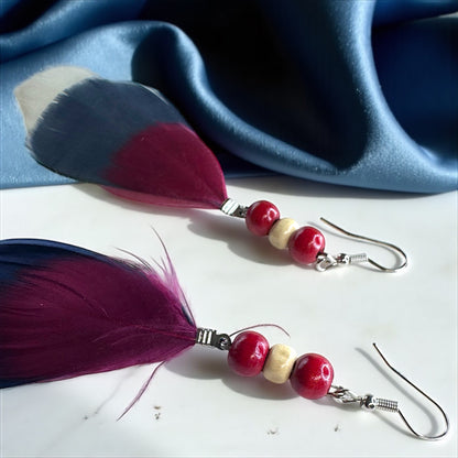 Boho Chic Red, White & Blue Feathered Dangle Earrings