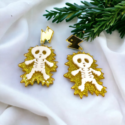 Electrify Your Look: Gold Electrocuted Skeleton Dangle Earrings for a Spook-tacular Style! - Rhythms of Grace Creative