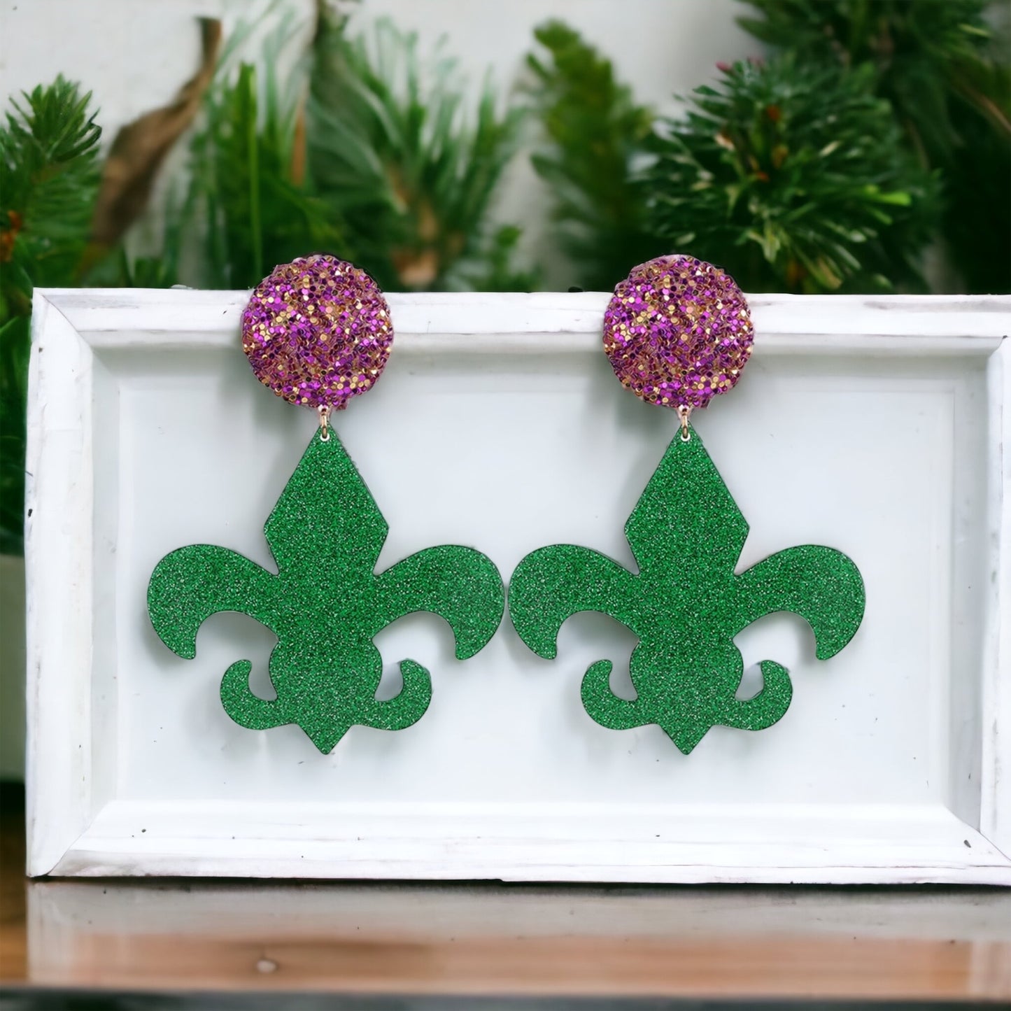 Mardi Gras Oversized Statement Earrings - Glitter Fleur-de-Lis Elegance - Rhythms of Grace Creative