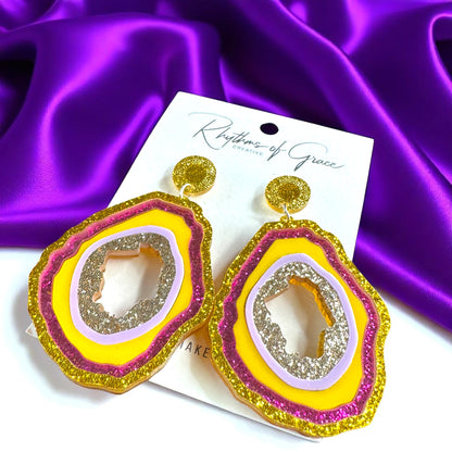 Dazzling Purple & Gold Glitter Geode Drop Earrings - Sparkle in Style!