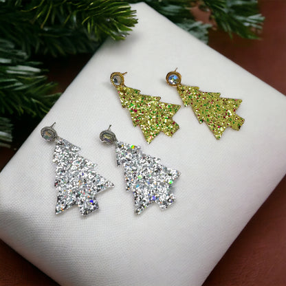 Sparkling Christmas Tree Earrings - Dazzle Your Holidays with Glittery Cheer!