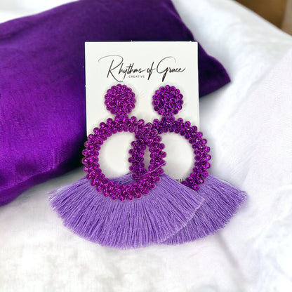 Purple Tassel Earrings - Purple Rhinestones, Rhinestone Accessories, Purple Earrings, Lavender Earrings; Purple Accessories - Rhythms of Grace Creative