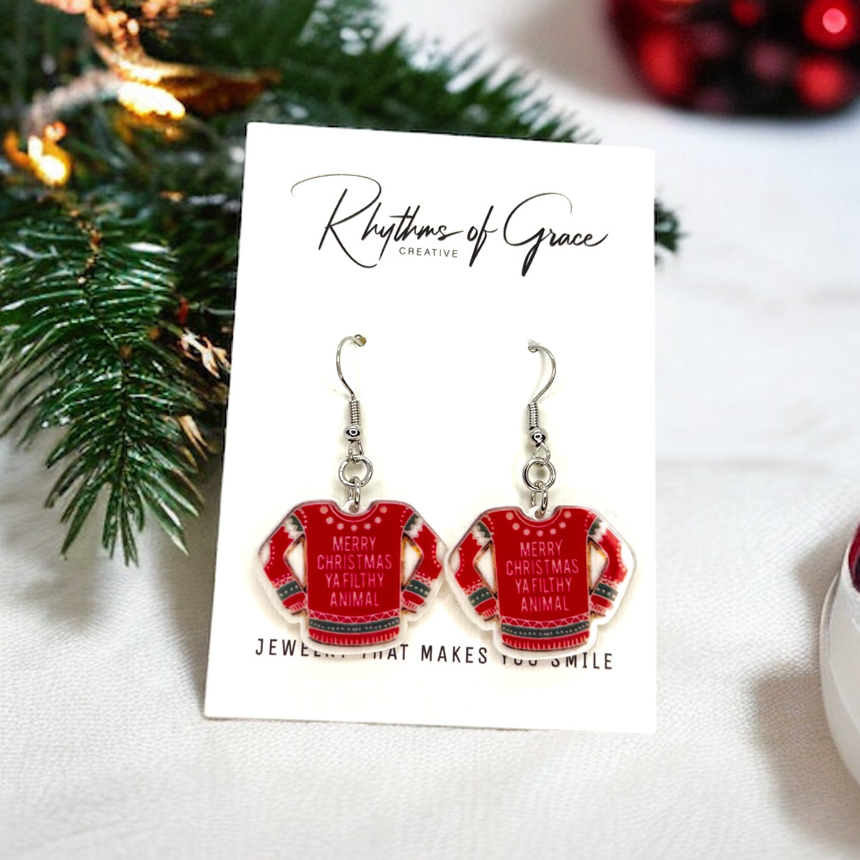 Sass Meets Sweater – “Merry Christmas Ya Filthy Animal” Dangle Earrings