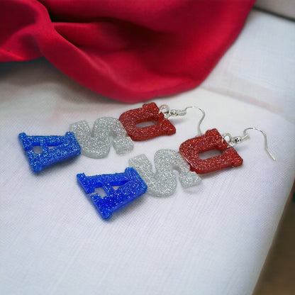 Sparkling USA Glitter Acrylic Dangle Earrings - Patriotic Statement Jewelry