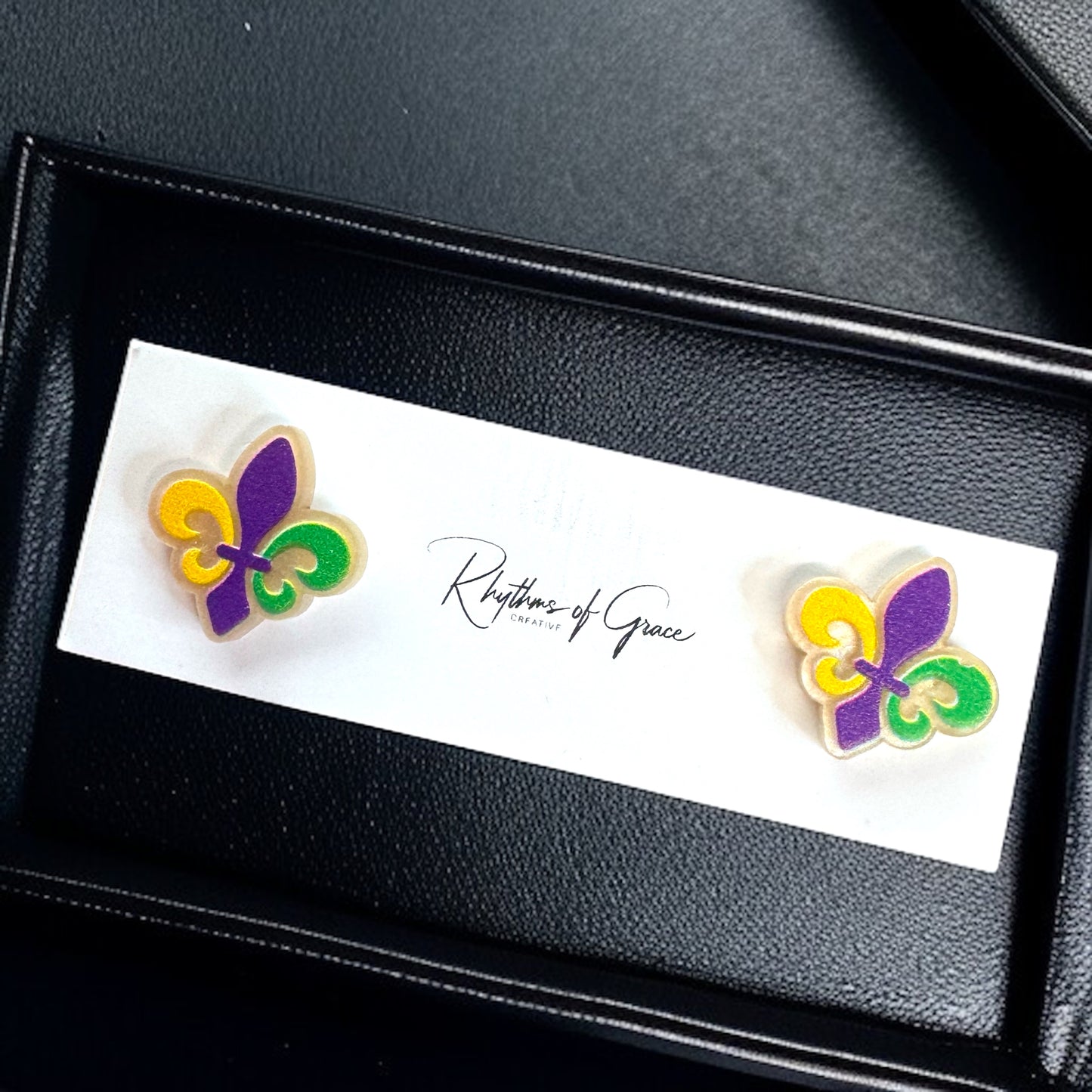 Celebrate in Style: Colorful Mardi Gras Stud Earrings - Fleur de Lis & Kingcake Designs!