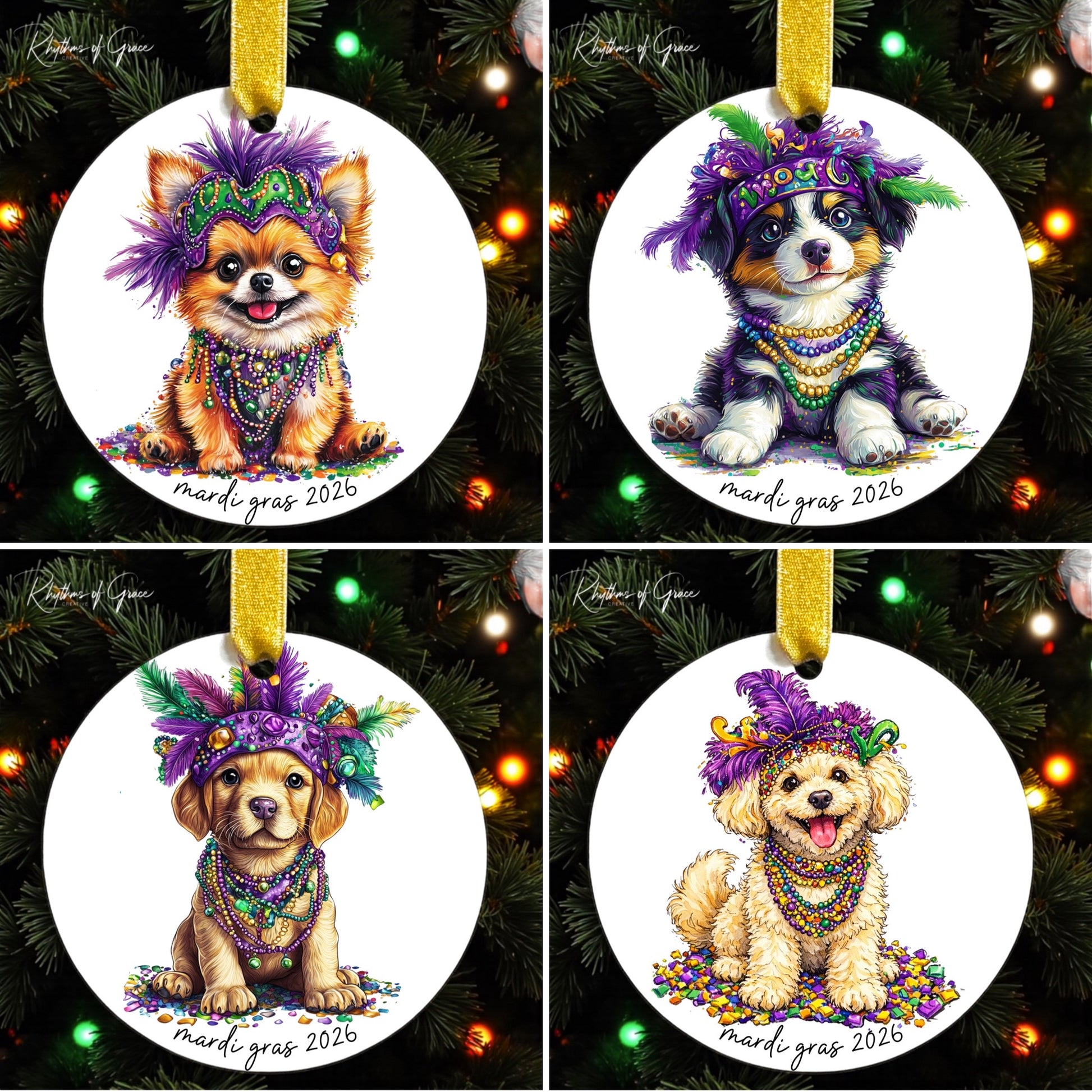 Four Mardi Gras-themed dog ornaments with colorful beads and purple headdresses on a Christmas tree.