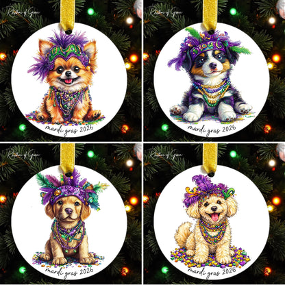 Four Mardi Gras-themed dog ornaments with colorful beads and purple headdresses on a Christmas tree.