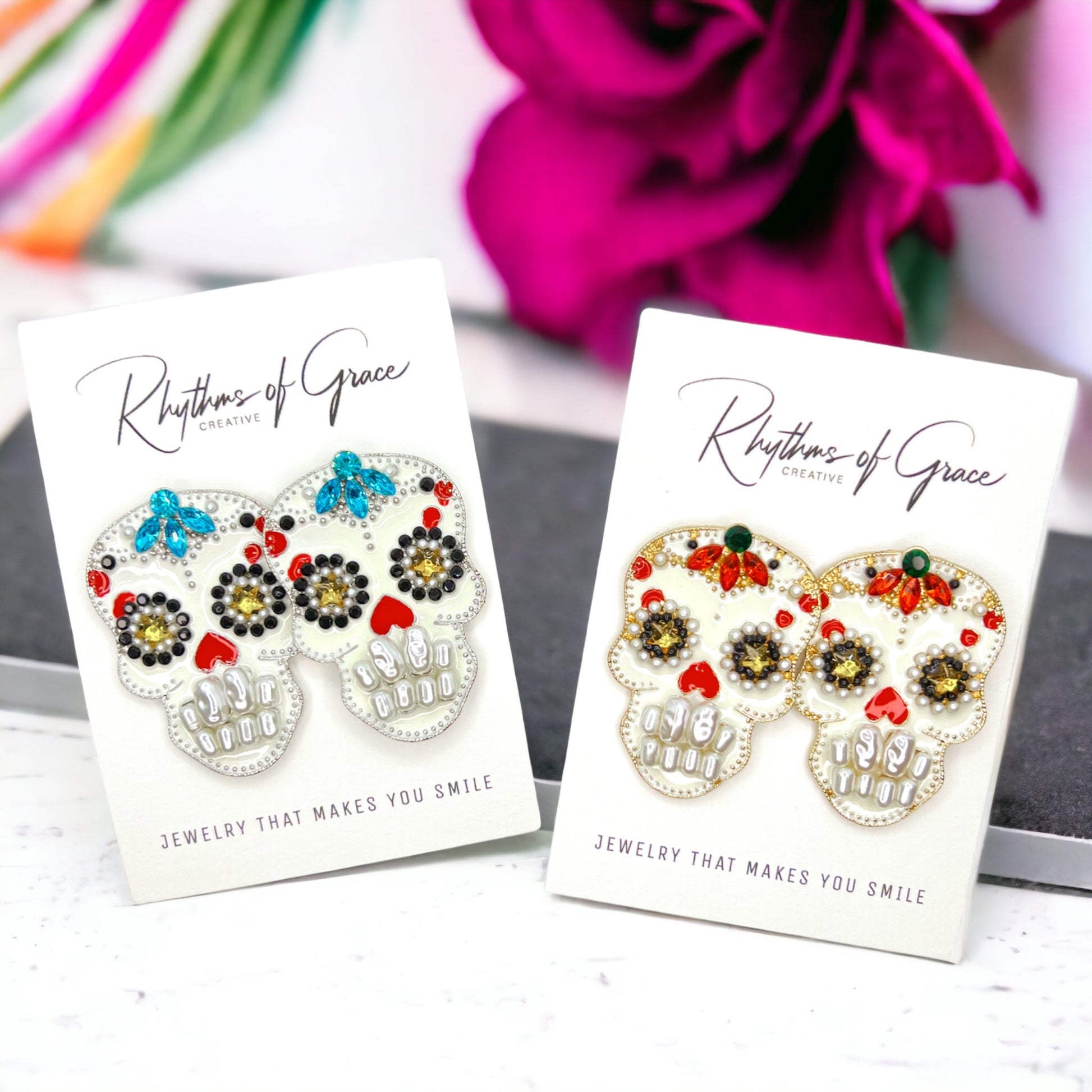 Sugar Skull Earrings - Halloween Earrings, Rhinestone Skull, Halloween Teacher, Jeweled Halloween, Skeleton Earrings - Rhythms of Grace Creative