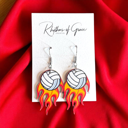 Score Big Style with Flaming Volleyball Dangle Earrings!
