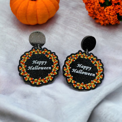 Happy Halloween Earrings - Halloween Earrings, Candy Corn, Halloween Teacher, Black and Orange - Rhythms of Grace Creative