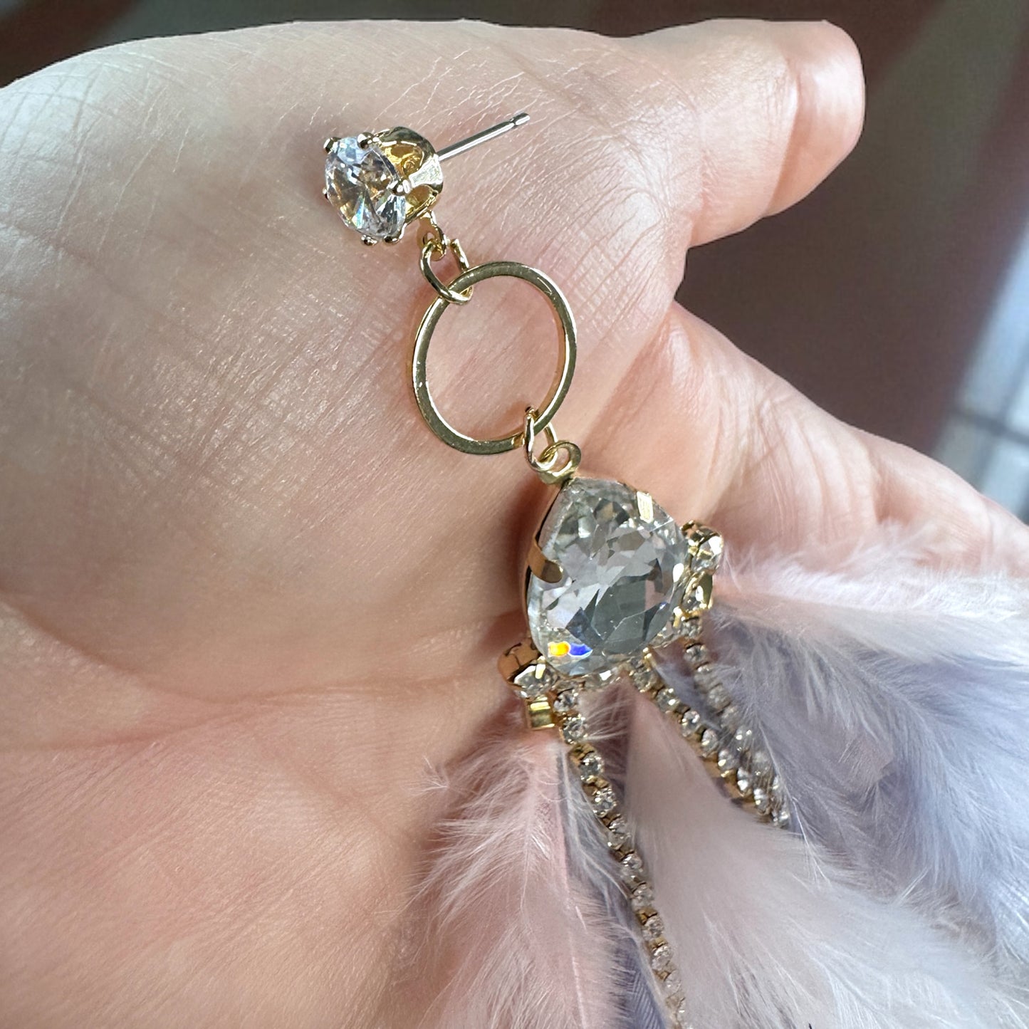 Dreamy Pink & Lavender Feather Earrings – Rhinestone Dangles for Boho Queens