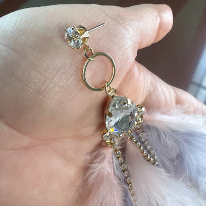 Dreamy Pink & Lavender Feather Earrings – Rhinestone Dangles for Boho Queens