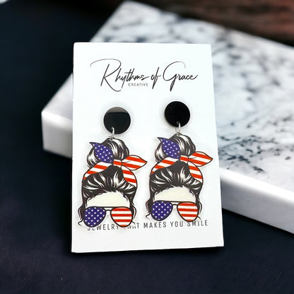 Patriotic Mom Earrings - Stainless Steel & Acrylic, Perfect for #MomLife