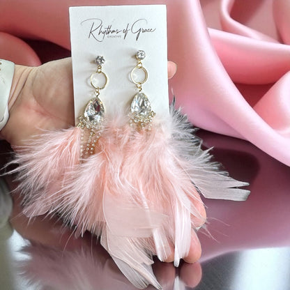 Dreamy Pink Feather Earrings – Rhinestone Dangles for Boho Queens