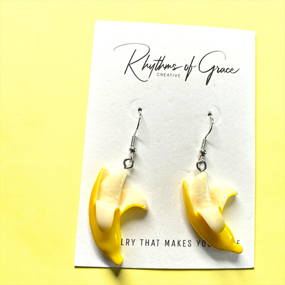 Peeled Banana Dangle Earrings | Savannah Bananas Inspired Jewelry | Fun Acrylic Statement Earrings | Lightweight Fruit Earrings