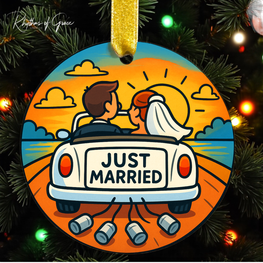 “Just Married” Personalized Ornament Collection – 5 Designs – Newlywed Gifts