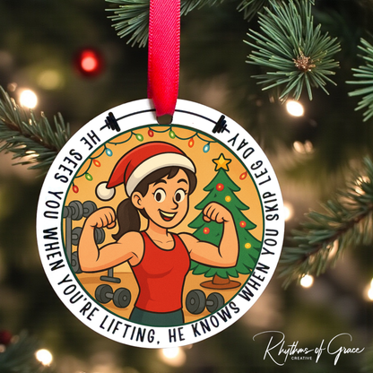 He Sees You When You’re Lifting – Funny Gym Christmas Ornament | Fitness Ornament for Gym Lovers