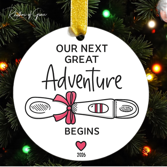 Pregnancy Announcement Ornament – Our Next Great Adventure Begins Baby Keepsake