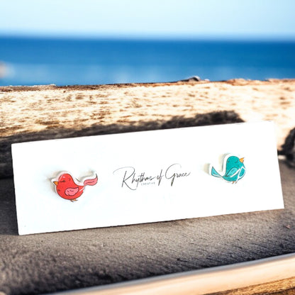 Whimsical Fairy Tale Bird Studs: Pink & Blue Mismatched Magic!