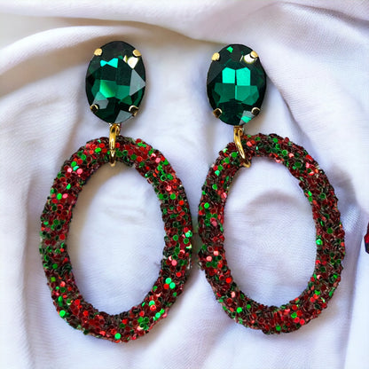 Glitter Christmas Earrings - Christmas Jewelry, Handmade Earrings, Red and Green Earrings, Christmas Earrings, Red Rhinestones, Green Jewels - Rhythms of Grace Creative