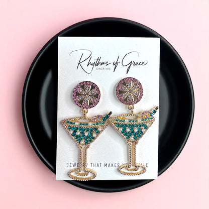 Sparkling Emerald & Pink Martini Dangle Earrings - Glamorous Statement Jewelry