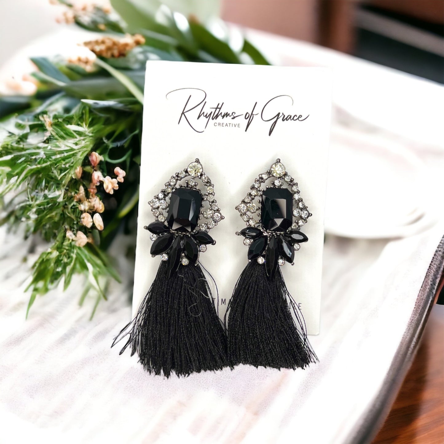 Black Fringe Earrings - Black Rhinestone Earrings, Black Earrings, Fringe Accessories - Rhythms of Grace Creative