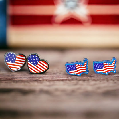 Patriotic Stud Earrings - Heart or USA Map