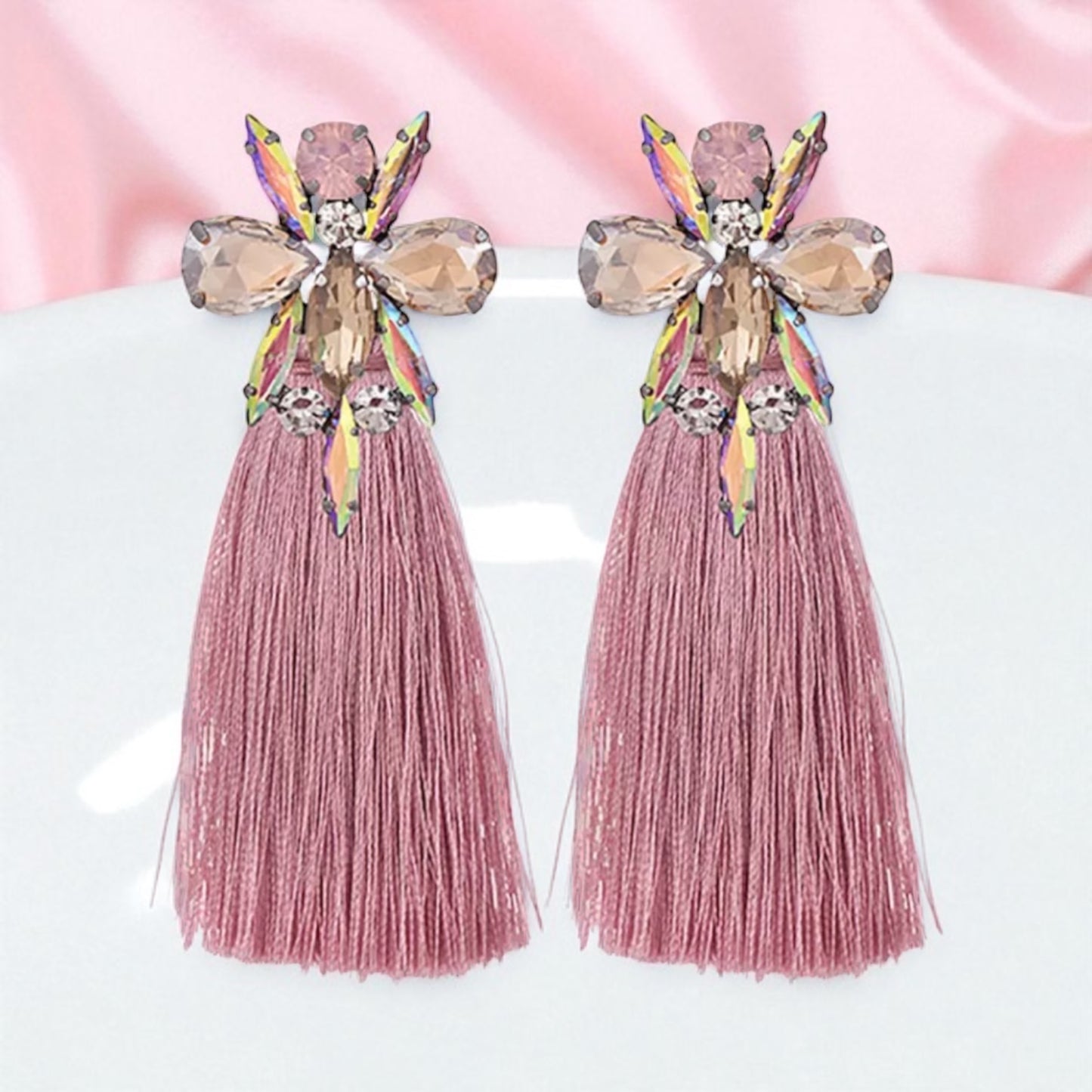 Sparkle & Shine: Stunning Rhinestone Tassel Earrings in Blue, Pink & Gold!