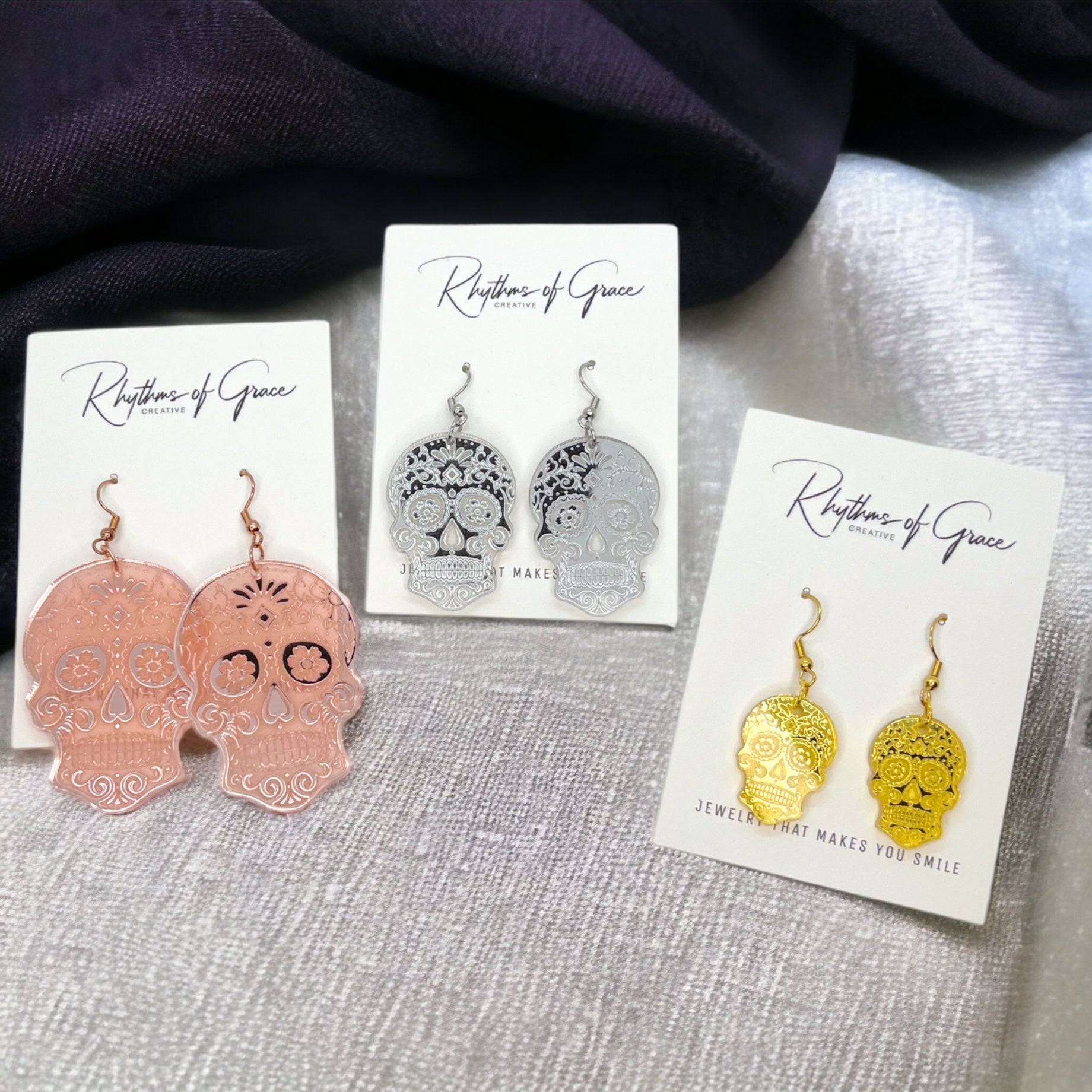 Metallic Skull Earrings - Halloween Earrings, Skeleton Earrings, Halloween Skull, Halloween Earrings, Sugar Skull, Trick or Treat - Rhythms of Grace Creative
