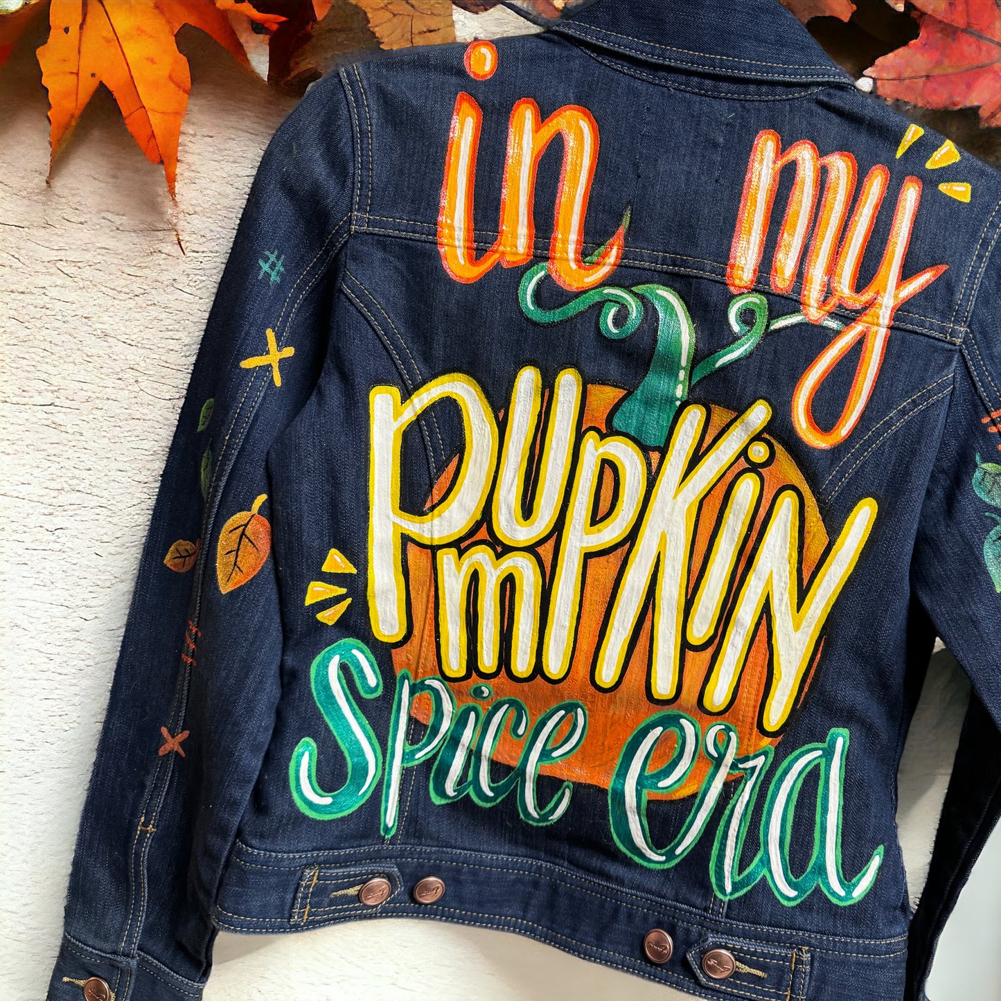 Hand Painted Jean Jacket: “In My Pumpkin Spice Era” I Ladies Size Small