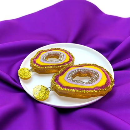 Dazzling Purple & Gold Glitter Geode Drop Earrings - Sparkle in Style!