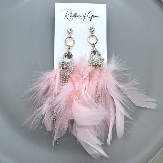 Dreamy Pink Feather Earrings – Rhinestone Dangles for Boho Queens