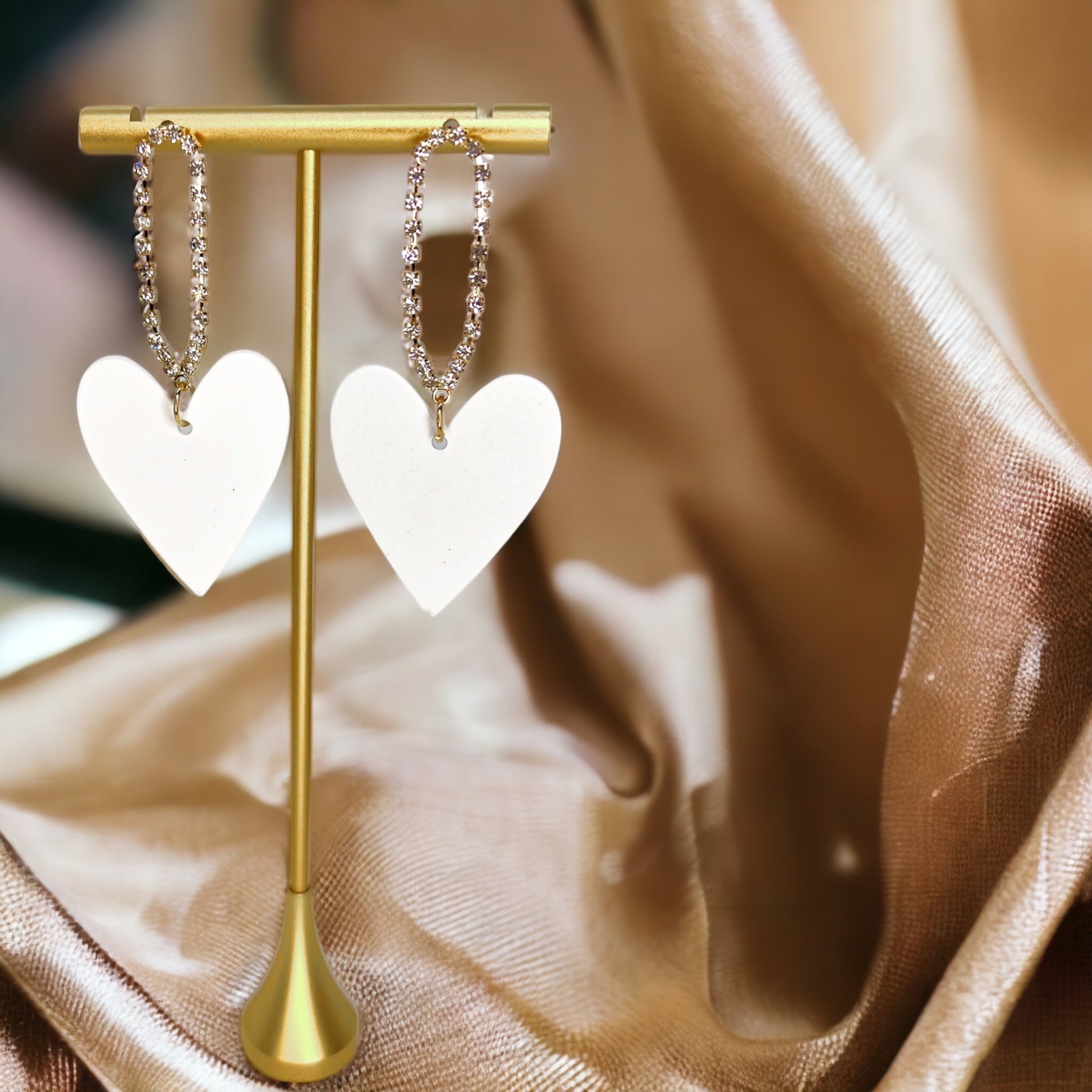 White Heart Earrings - Rhinestone Earrings, White Earrings, Handmade Earrings, Heart Accessories - Rhythms of Grace Creative