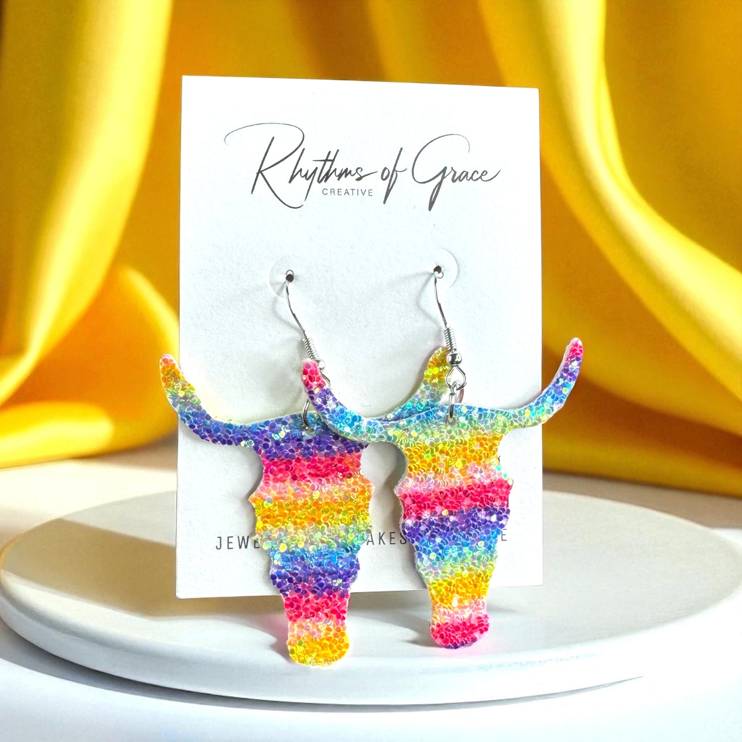Longhorn Dangle Earrings - Sparkle with Rainbow Glitter!