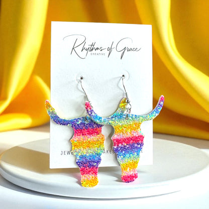 Longhorn Dangle Earrings - Sparkle with Rainbow Glitter!