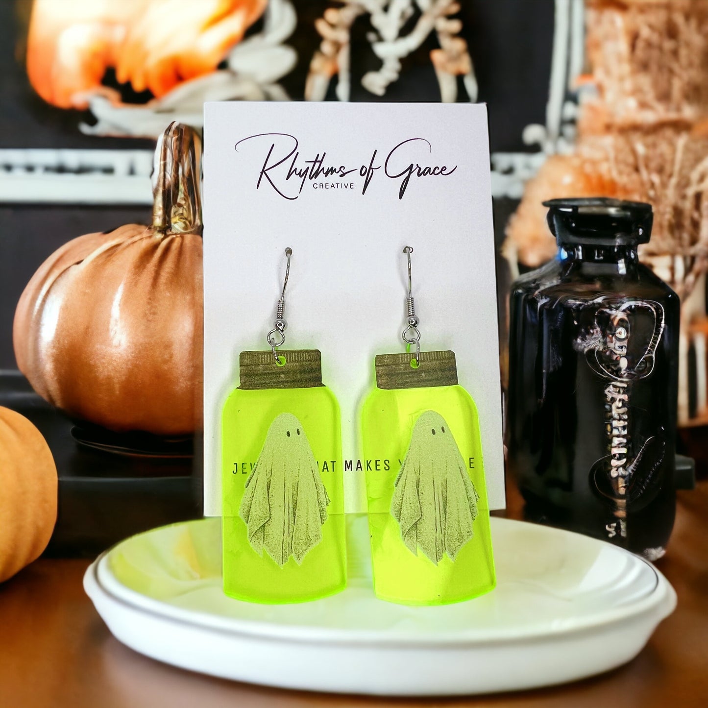 Spooky Fun Ghost Jar Earrings – Neon Halloween Accessories! - Rhythms of Grace Creative