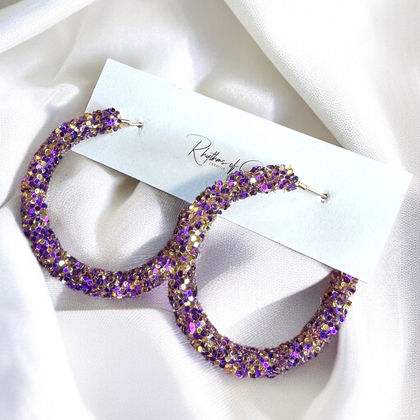 Shimmering Elegance: Purple and Gold Glitter Hoops