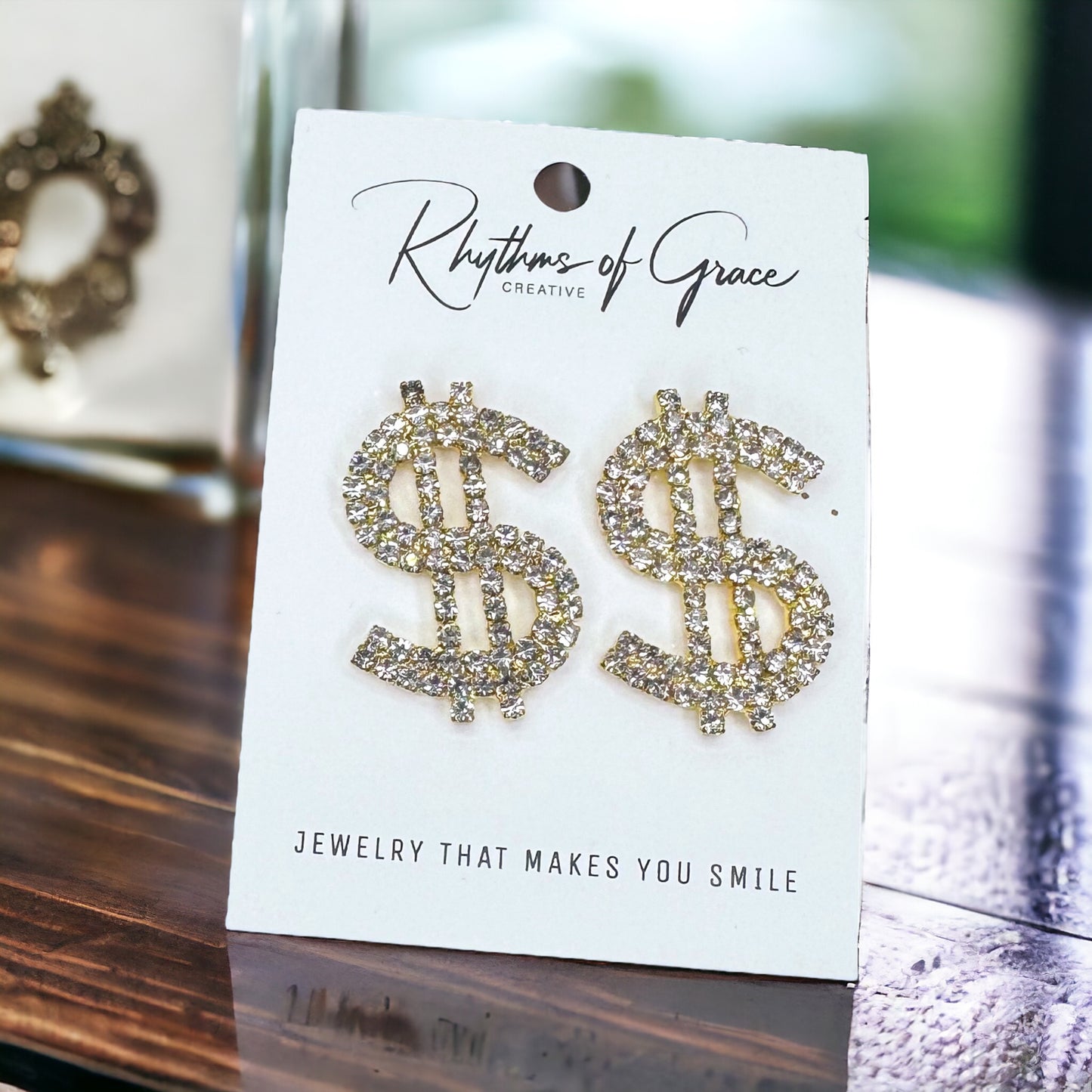 Sparkling Dollar Sign Shaped Earrings - 1.4 x 1 inches, Money