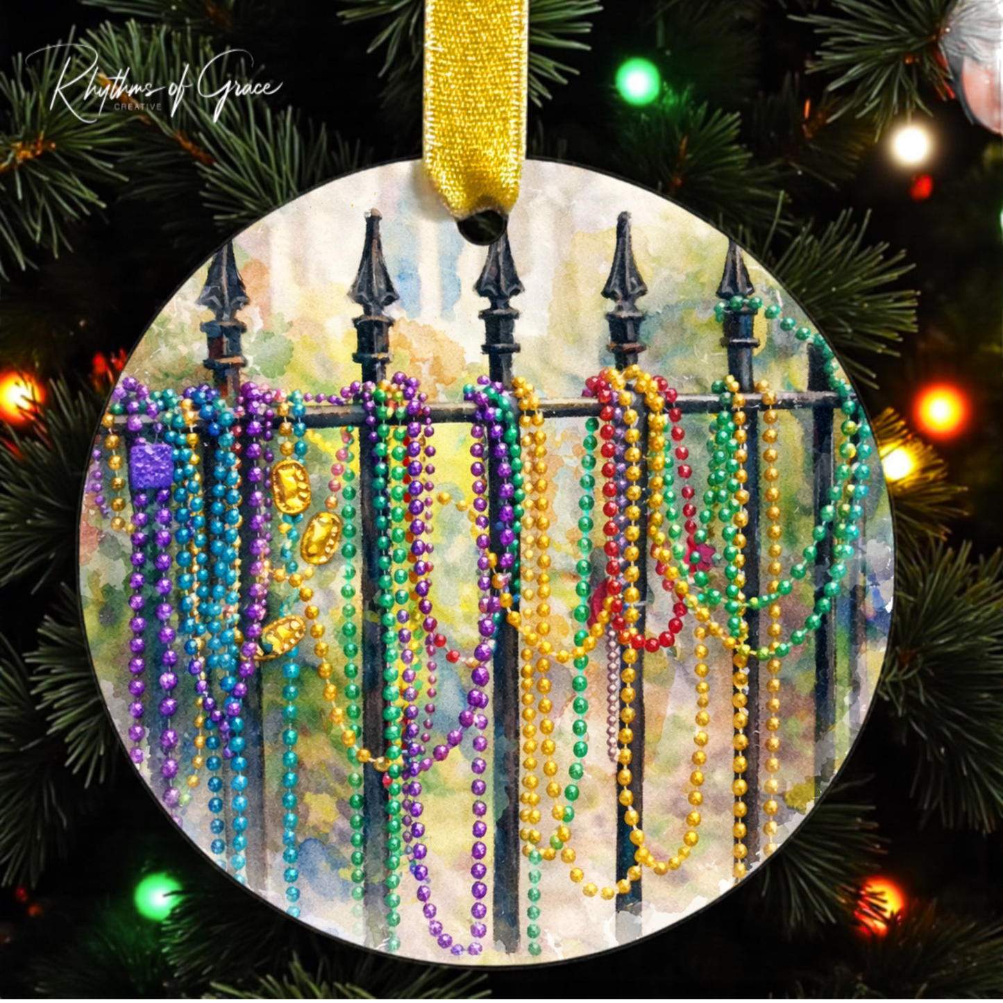 Watercolor Mardi Gras Bead Fence Ornament | New Orleans Carnival Custom Keepsake