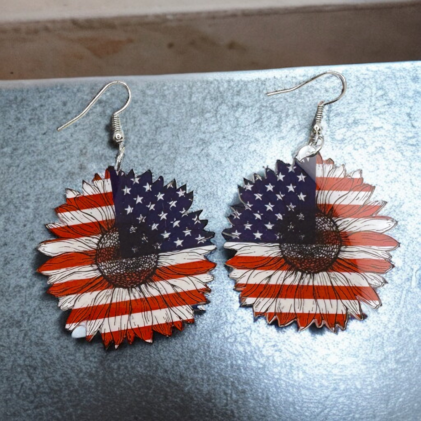 Patriotic Flower Dangle Earrings - Stars & Stripes Design
