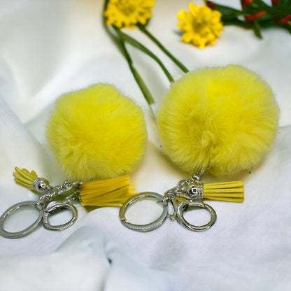 Bright Yellow Pompom Key Chain - 4” Fluffy Keyring Accessory