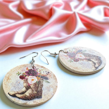 Boots & Blooms: Floral Cowgirl Boot Round Dangle Earrings