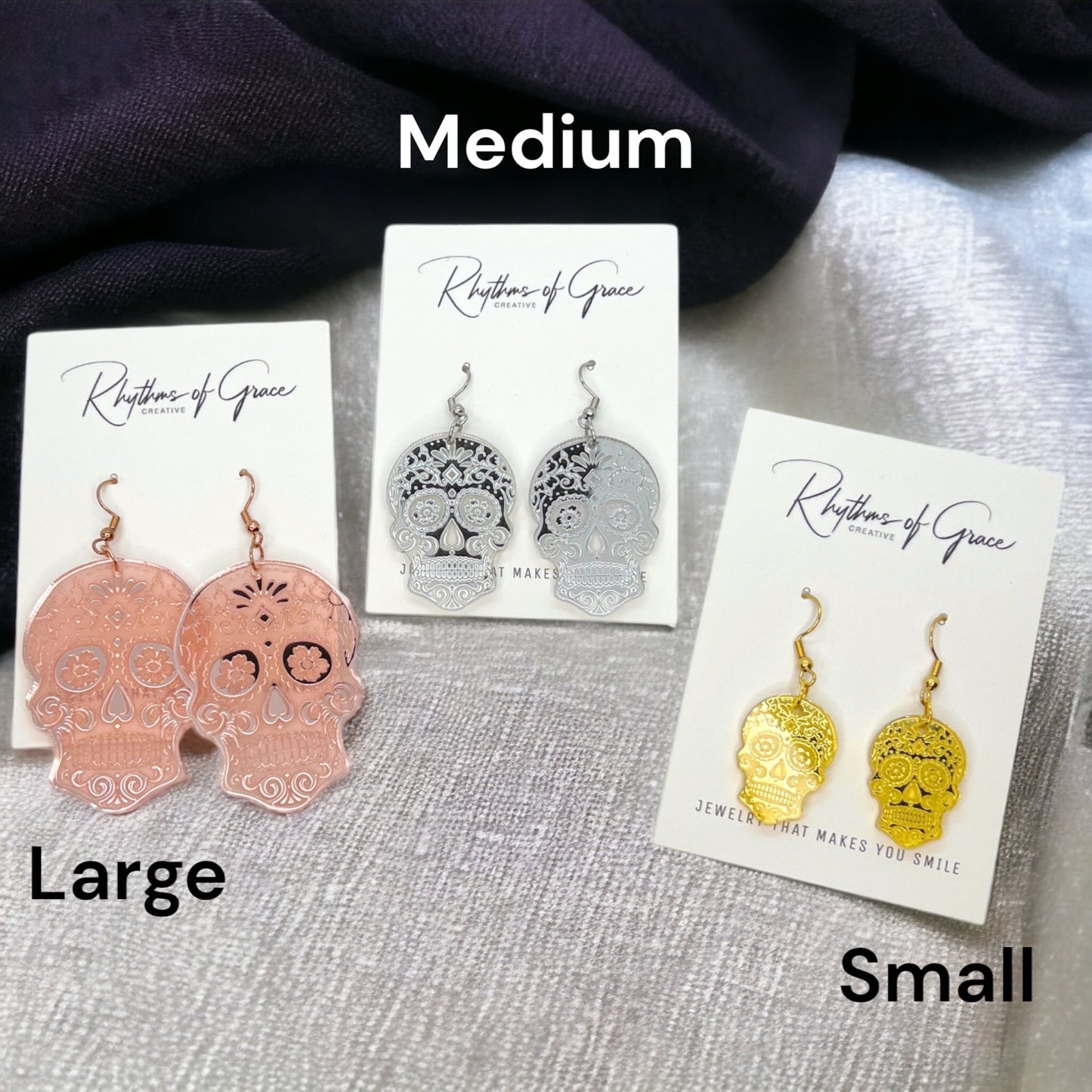 Metallic Skull Earrings - Halloween Earrings, Skeleton Earrings, Halloween Skull, Halloween Earrings, Sugar Skull, Trick or Treat - Rhythms of Grace Creative