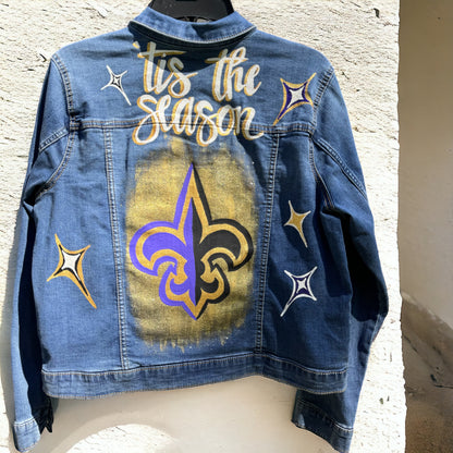 Hand-Painted Jean Jacket:  ‘Tis the Season! | Perfect for LSU & Saints Fans | Fashionable Fitted Cropped Denim